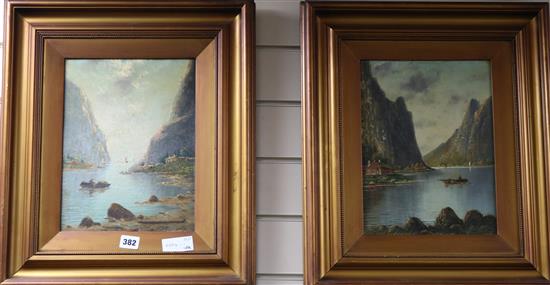 Nils Hans Christiansen, pair of oils on board, views along Norwegian fjords, 30 x 23cm